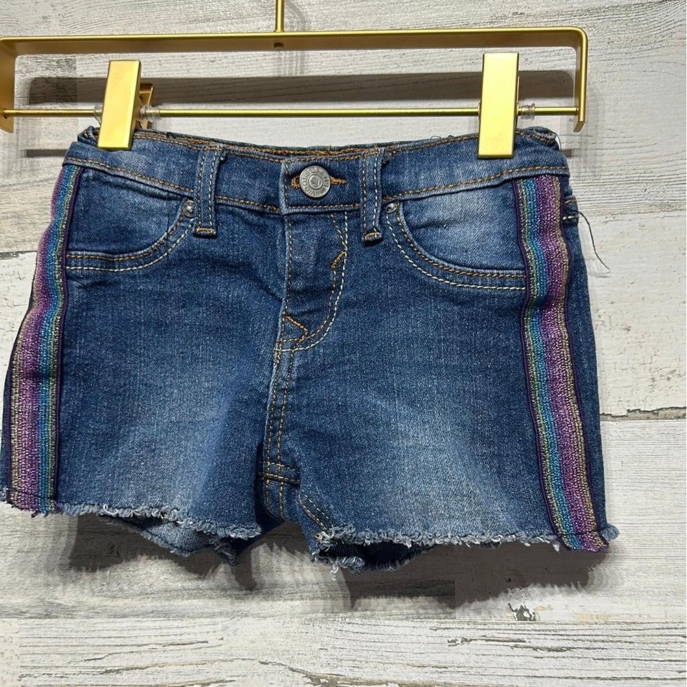 Vigoss Denim Shorts Girls Size 5 Blue Side Sparkle Stripe Adjustable Waist EUC